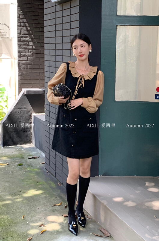 [AIXILI Aixili] round neck design lace-up shirt with vest strap skirt two-piece suit single-breasted 7350