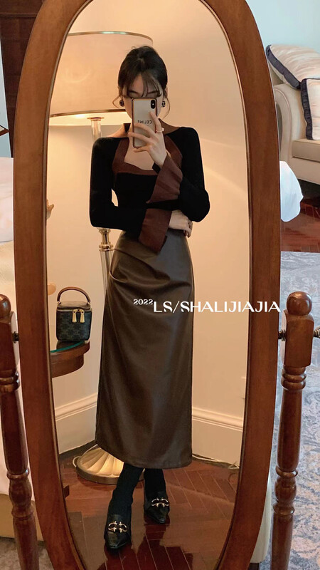 【LS】Korean high waist pleated PU leather skirt 8581