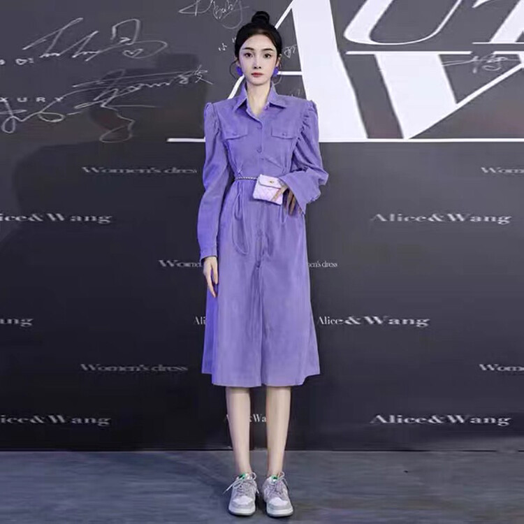 New in winter! [Ou Zhengsha] Retro purple corduroy waist dress 19173# JJ