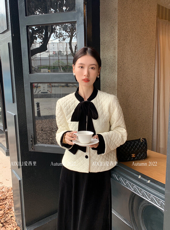 [AIXILI Aixili] neckline tie single-breasted diamond-shaped cotton jacket cotton clothing solid color 7581-1
