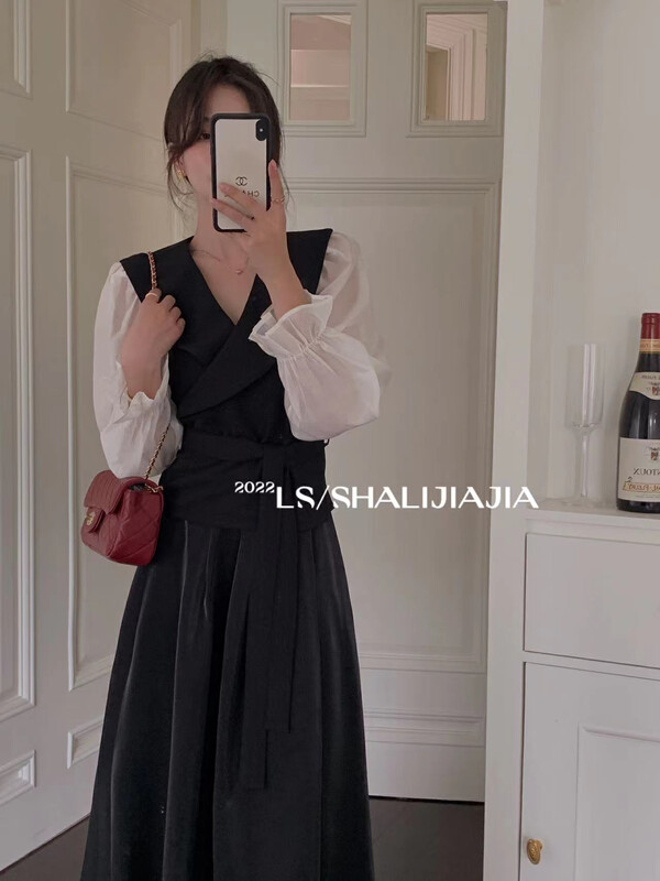 【LS】French niche lapel stitching small shirt (with waist rope) 60190# JHY