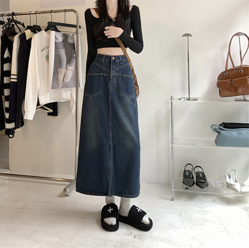 Real shot denim skirt women's autumn and winter  new design sense long skirt high waist thin slit a-line skirt