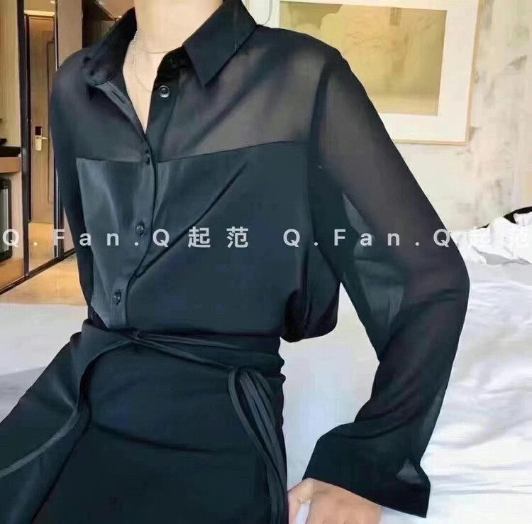Autumn is new! [Fan] satin stitching pearl chiffon shirt F7102# JHY