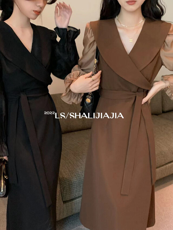 【LS】French lady style lapel high-end dress (with waist rope) 8569