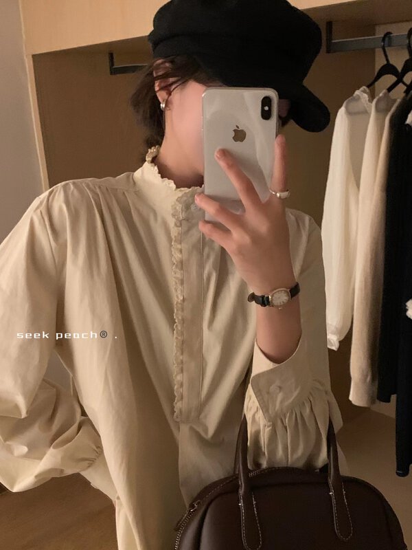 Autumn is new! [SEEK PEACH] stand-up collar comfortable all-match pullover shirt 5726# L