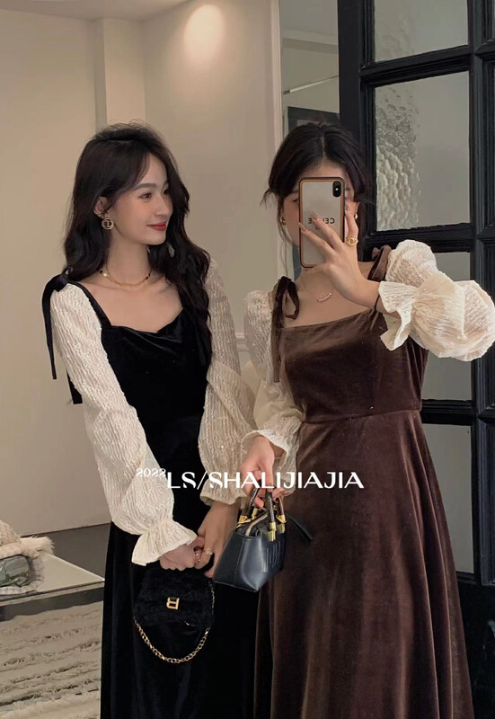 【LS】Fashion lace up puff sleeve stitching dress 2919# JHY