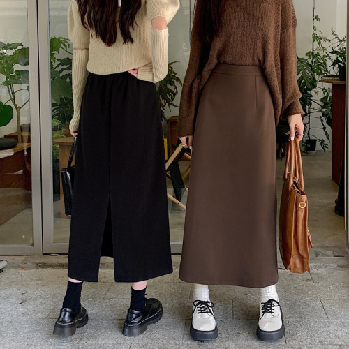 Real shooting real price ~ autumn and winter new woolen straight skirt skirt wear black mid-length woolen a-line skirt women