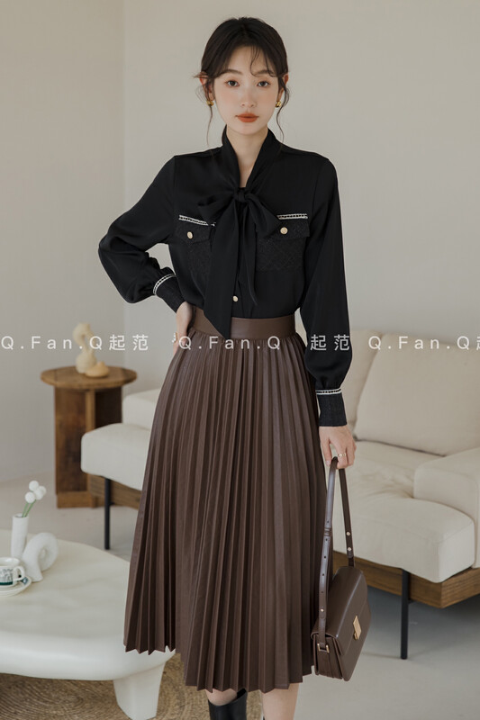 New autumn and winter! [Fan] High-quality leather features pleated all-match commuter skirt 8119-1# JHY