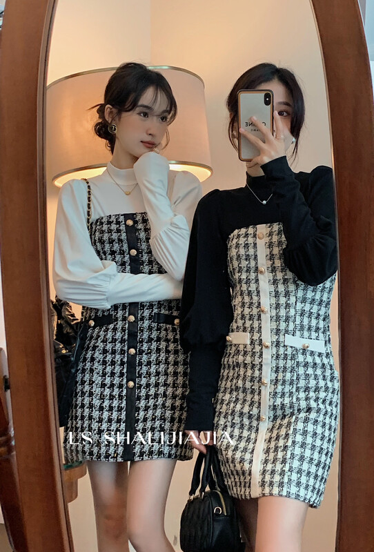 【LS】Fashion Houndstooth Tube Top Dress 2772