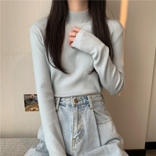 Autumn and winter thickened core-spun yarn new Korean version women's solid color small stand-up collar knitted top