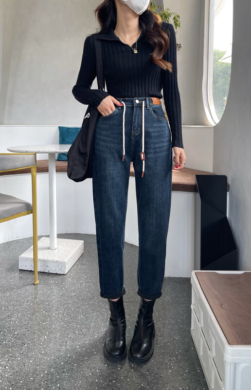 [Enxier] Autumn and winter popular flocking semi-elastic waist elastic harem jeans K5350# FHX