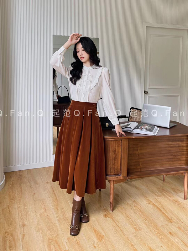 Autumn is new! [Fan] Simple solid color mid-length skirt 8100# JHY