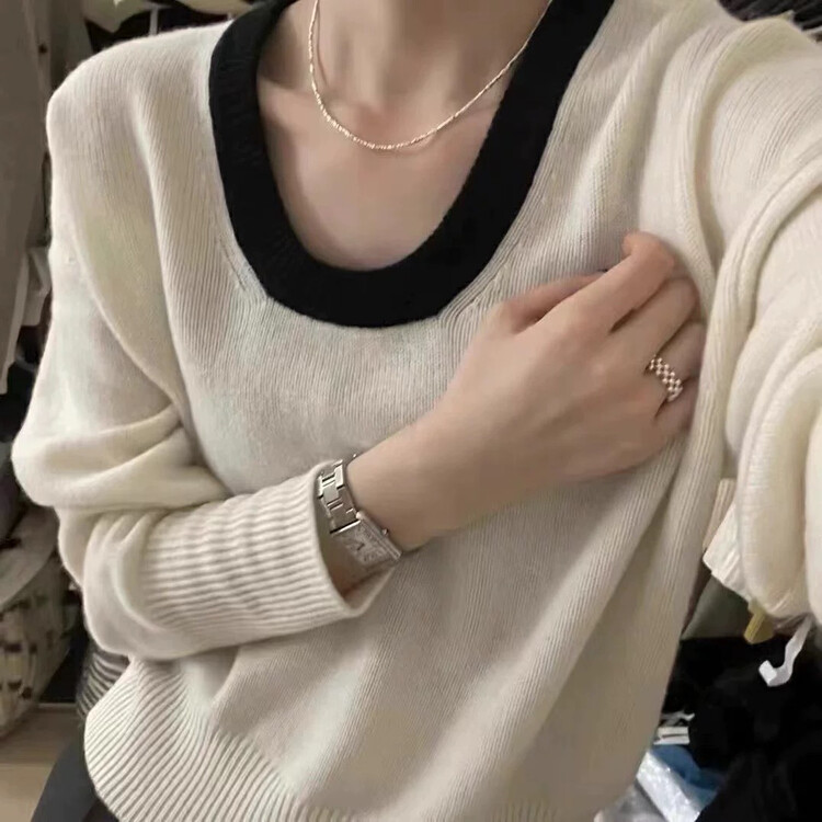 New in winter! [ARE YOU] Colorblock U-neck comfortable and versatile pullover warm sweater 575# L