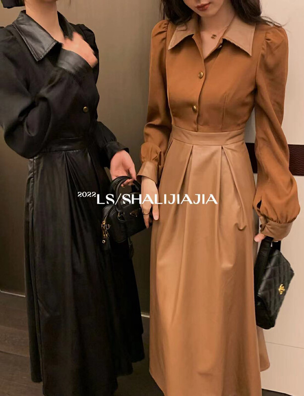 [LS] French design stitching pu leather dress 2908