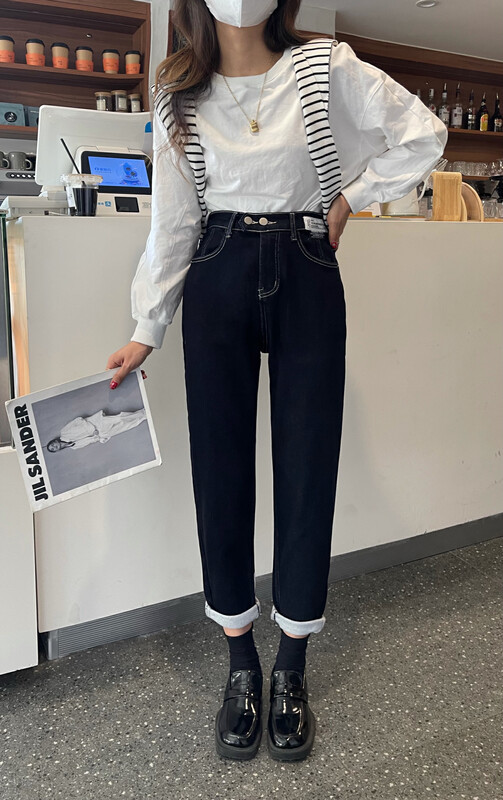 [Enxier] Explosive style continuation of all-purpose waist thickened flocking stretch harem jeans EB5698# FHX