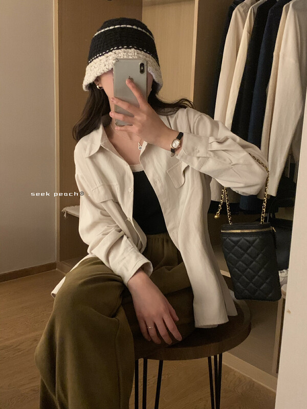 New in autumn!【SEEK PEACH】Korean all-match casual brushed shirt 5787# L