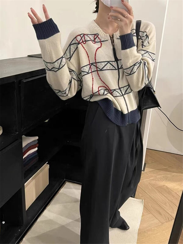 New in winter! [ARE YOU] zipper loose color matching comfortable warm sweater 511# L