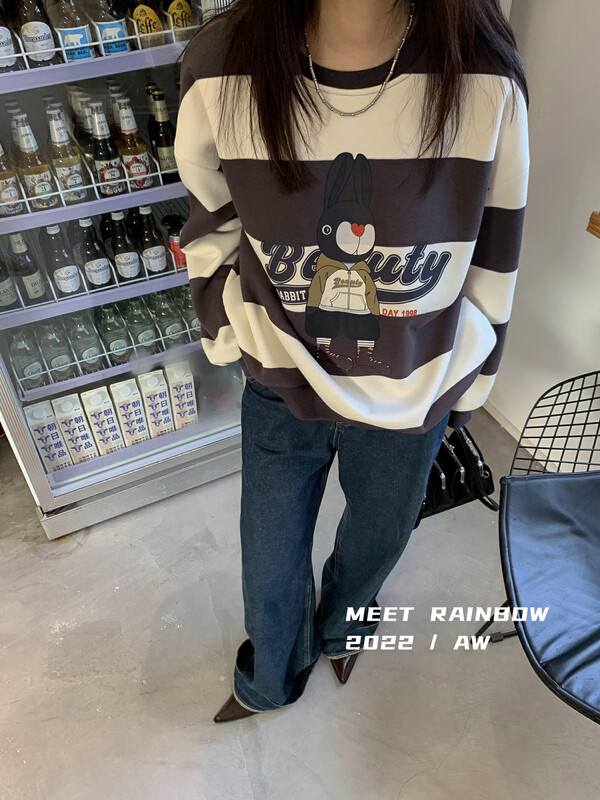 【MEET RAINBOW】Bunny Bunny Striped Fleece Sweater 08578# LSL