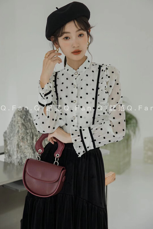 New in winter! [Fan] Tencel polka dots feature fungus edging heavy industry shirt 80321# JHY