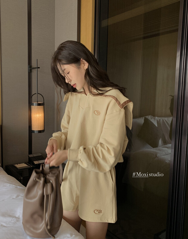 New for Autumn! [MOXI] Letter Embroidered Large Lapel Sweater + Casual Shorts Two-piece Suit 9020-9021# CQW