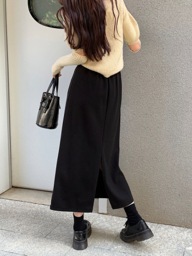 Real shooting real price ~ autumn and winter new woolen straight skirt skirt wear black mid-length woolen a-line skirt women