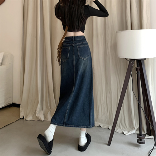 Real shot denim skirt women's autumn and winter  new design sense long skirt high waist thin slit a-line skirt