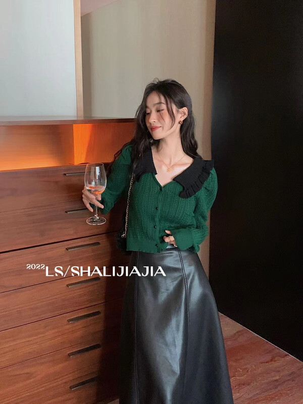 【LS】French temperament contrast color ruffled knitted cardigan 6286# JHY