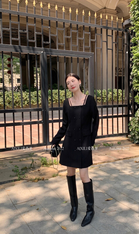 [AIXILI Aixili] Square Neck Double Breasted Design Slim Dress (Solid Color) 7396# JHY