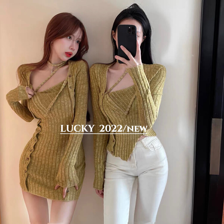 【LUCKY】Skinny and slim dress with a chic halter neck design 9578# ZXX