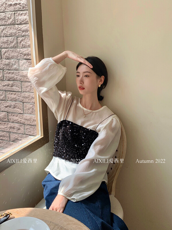 [AIXILI Aisili] Round neck chiffon with suspenders shirt (with suspenders) sequin suspenders 7010