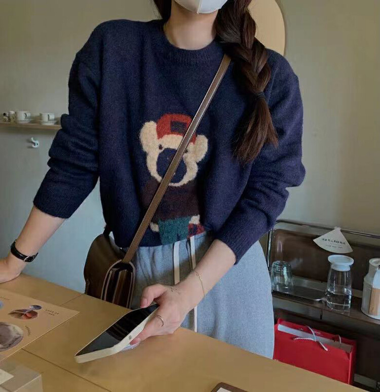 New in autumn! [MEET RAINBOW] Bear Embroidery Loose Warm Sweater 1198# LSL