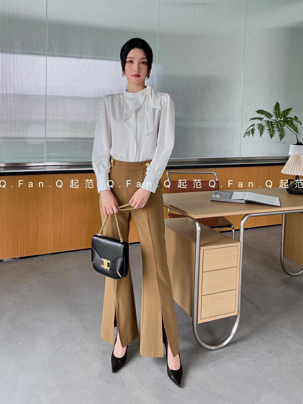 New in autumn! [Fan] twill suit fabric features waist and front slit design simple and versatile commuter micro-flare trousers 8111# JHY