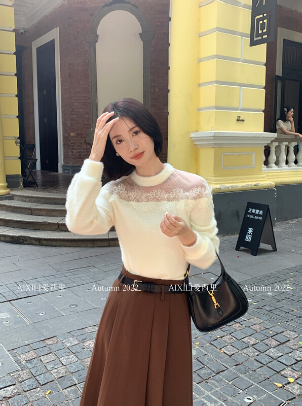 [AIXILI Aixili] round neck and lace hairy thin shirt small shirt solid color 7605