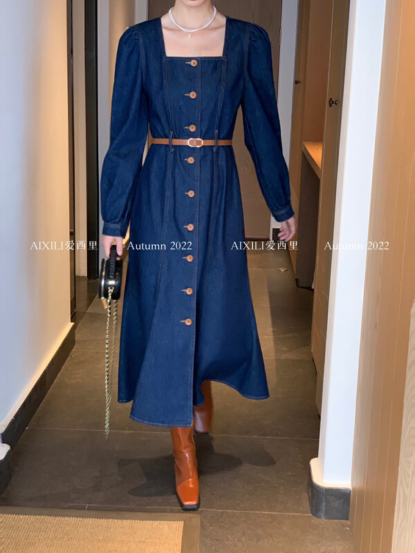 [AIXILI Aixili] Denim single-breasted with belt square neck dress (with belt) temperament 7322