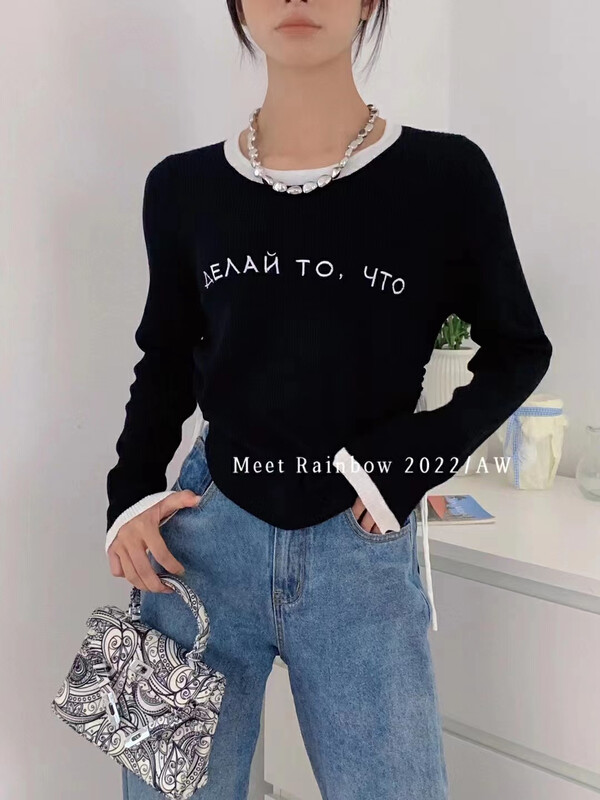 New in autumn!【MEET RAINBOW】Personalized Letter Drawstring Short Warm Sweater 5820# LSL