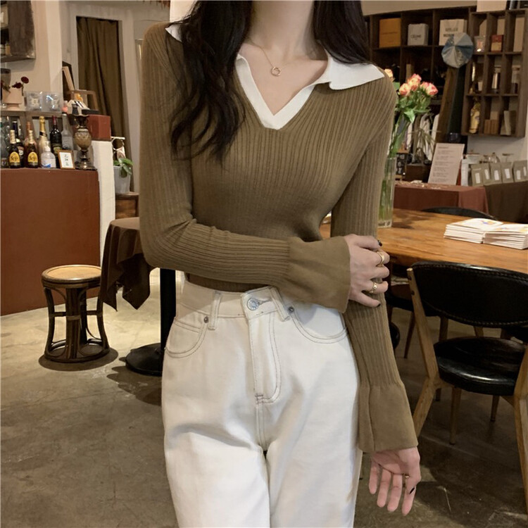 New in winter! [F·P] V-neck flared sleeve casual sweater 25CX13# HBX