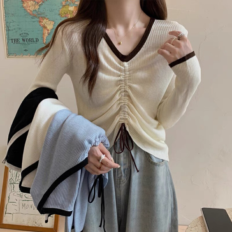 New in winter!【F·P】V-neck contrast color drawstring pullover sweater 1681# HBX