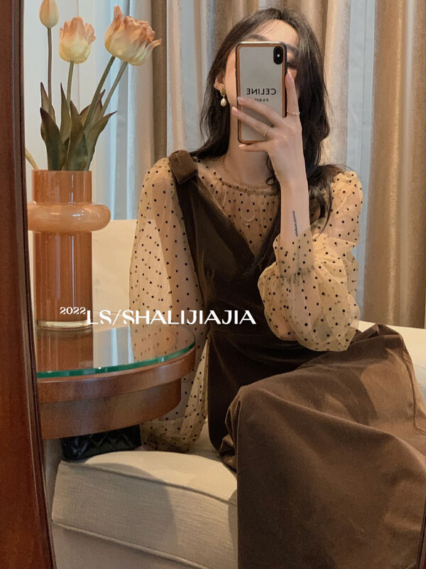 [LS] French polka dot mesh puff sleeve bottoming shirt 2916