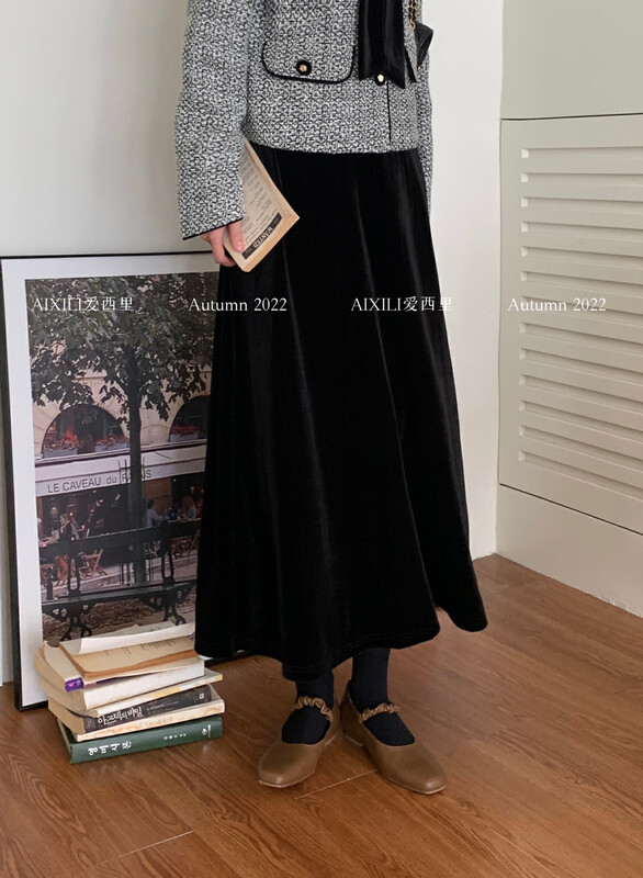 [AIXILI Aixili] Mid-waist velvet slim-fitting skirt and skirt (solid color) 7520# JHY