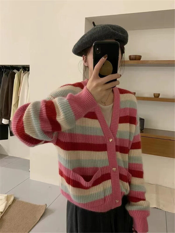 New in winter! [ARE YOU] V-neck striped loose and comfortable warm sweater YS1-538# L