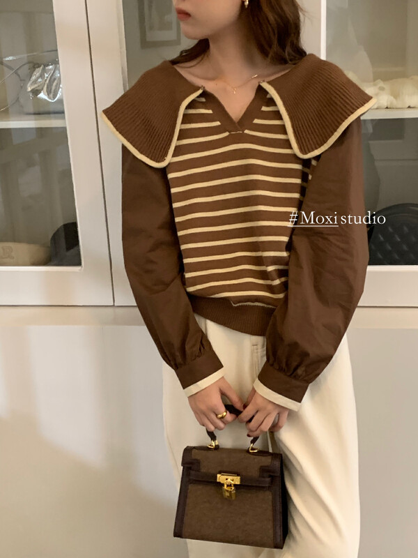 New in winter! [MOXI] Korean simple striped knitted shirt 9062# CQW