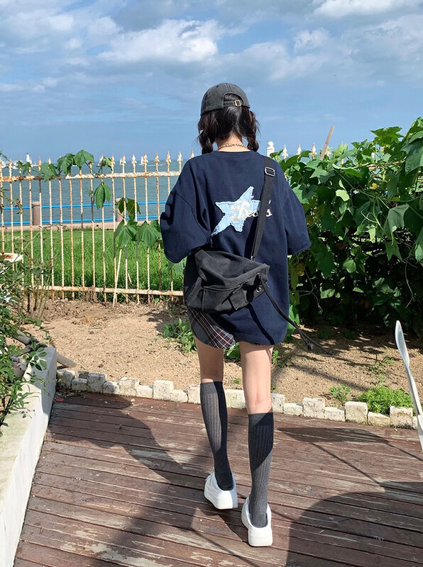 New in autumn!【MEET RAINBOW】Fake two-piece loose long-sleeved T-shirt with five-pointed star decoration 08500# LSL