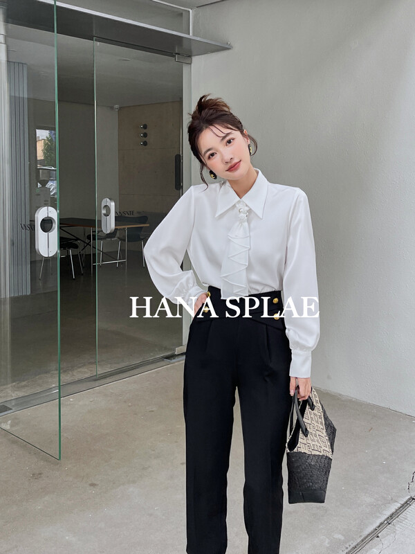 [HANNA Hanna] [Hanna] French detachable streamer shirt long-sleeved women's rose breast shirt (with tie) H10376# JHY