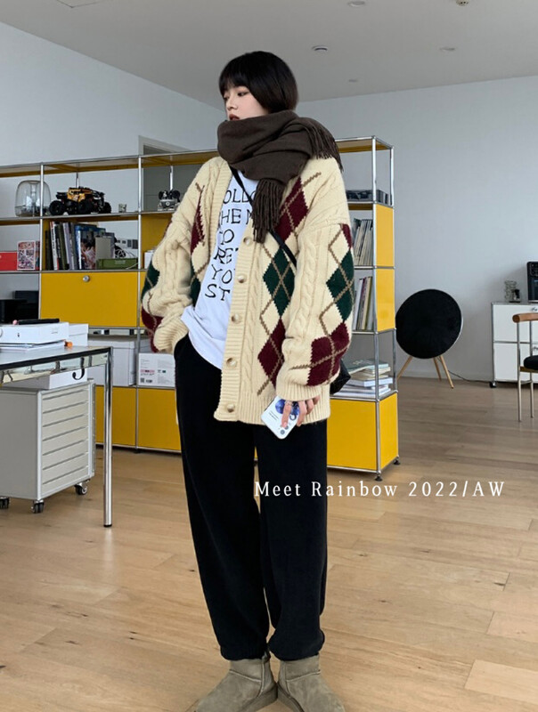 New in winter!【MEET RAINBOW】Rhombus Long Sleeve Versatile Warm Sweater 7063# LSL