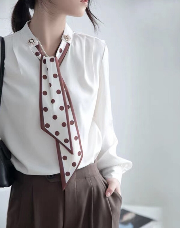 Original price 84.60! [Fan] Satin simple characteristic stitching polka dot streamer shirt F7519-1# JHY