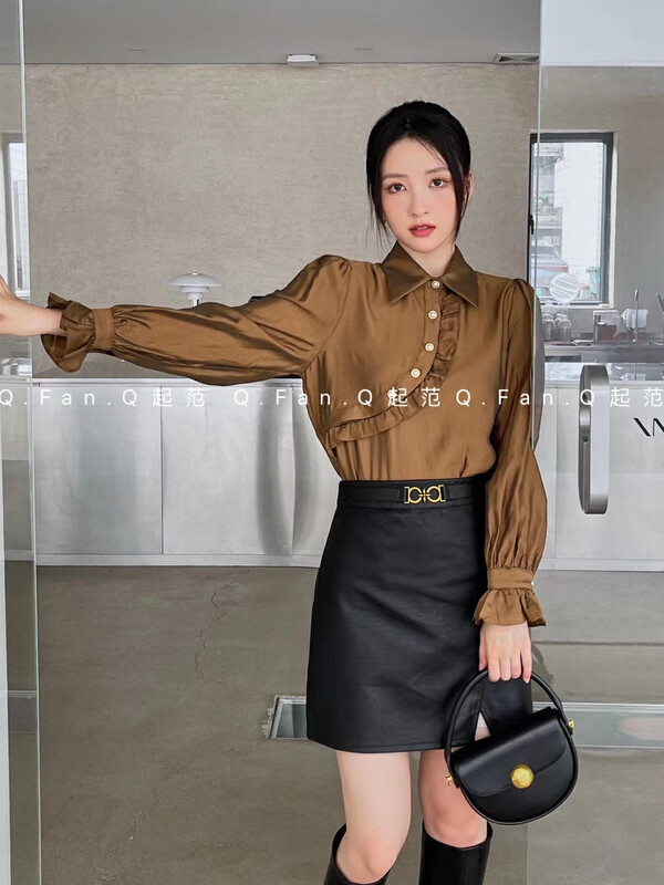 [Qi Fan] Textured fungus stitching arc shirt 80377# JHY