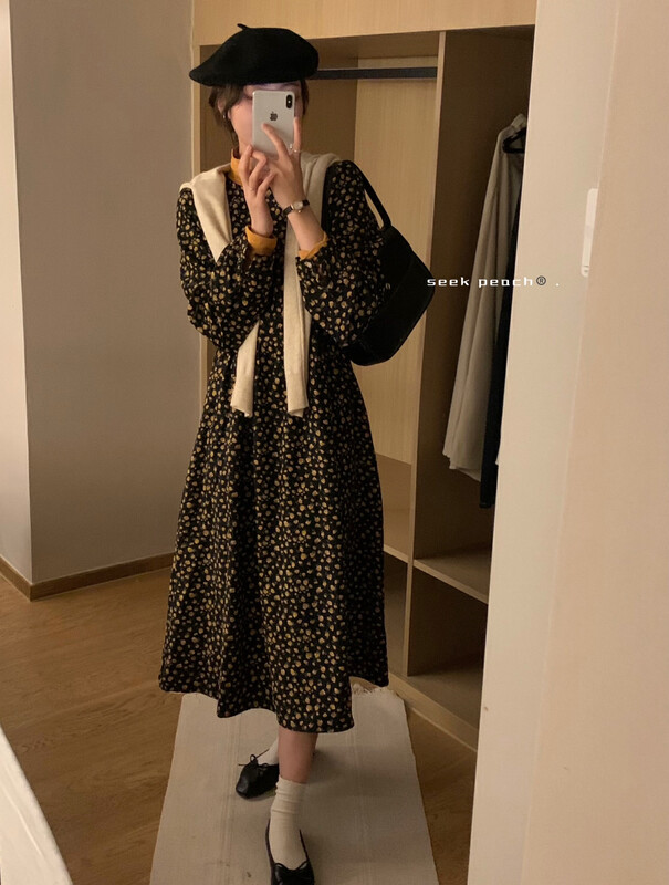 New in autumn! [SEEK PEACH] Round neck loose floral dress (with belt) 5799# L