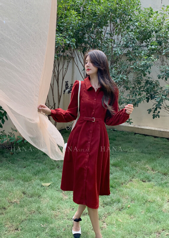 [HANNA Hanna] French retro dress with lapel waist and thin single-breasted A-line skirt dress H5568