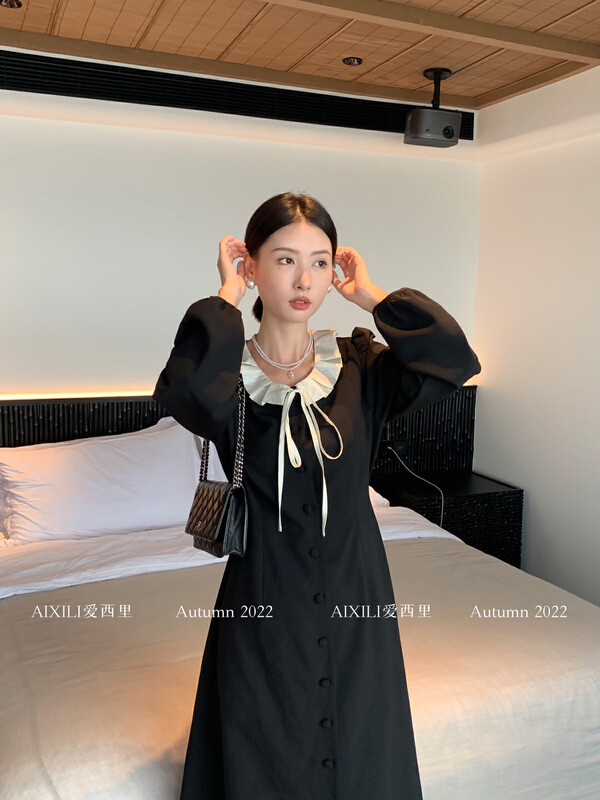 [AIXILI Aixili] lace collar single breasted slim temperament dress solid color 7278