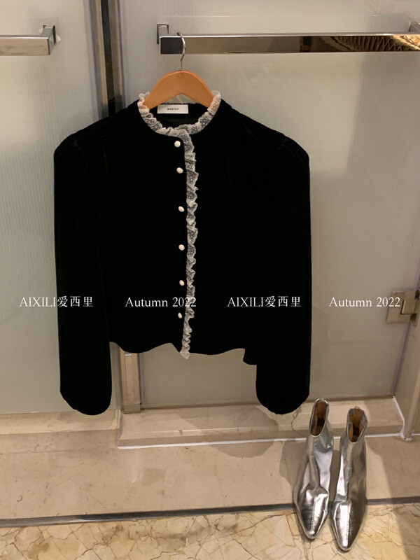 [AIXILI Aixili] Small stand-up collar with lace velvet temperament small shirt small shirt solid color 7571